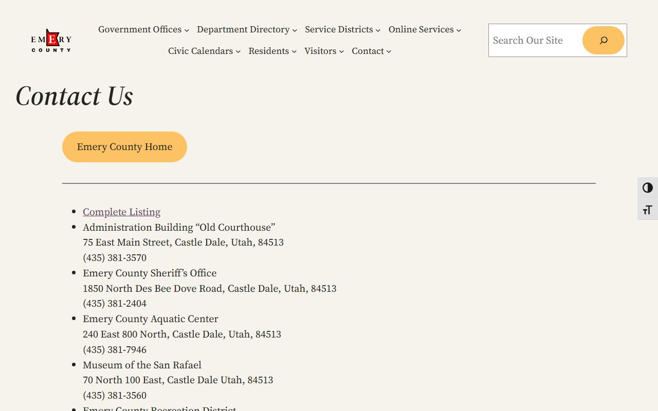 Emery County Jail inmate records contact page showing sheriff address and phone