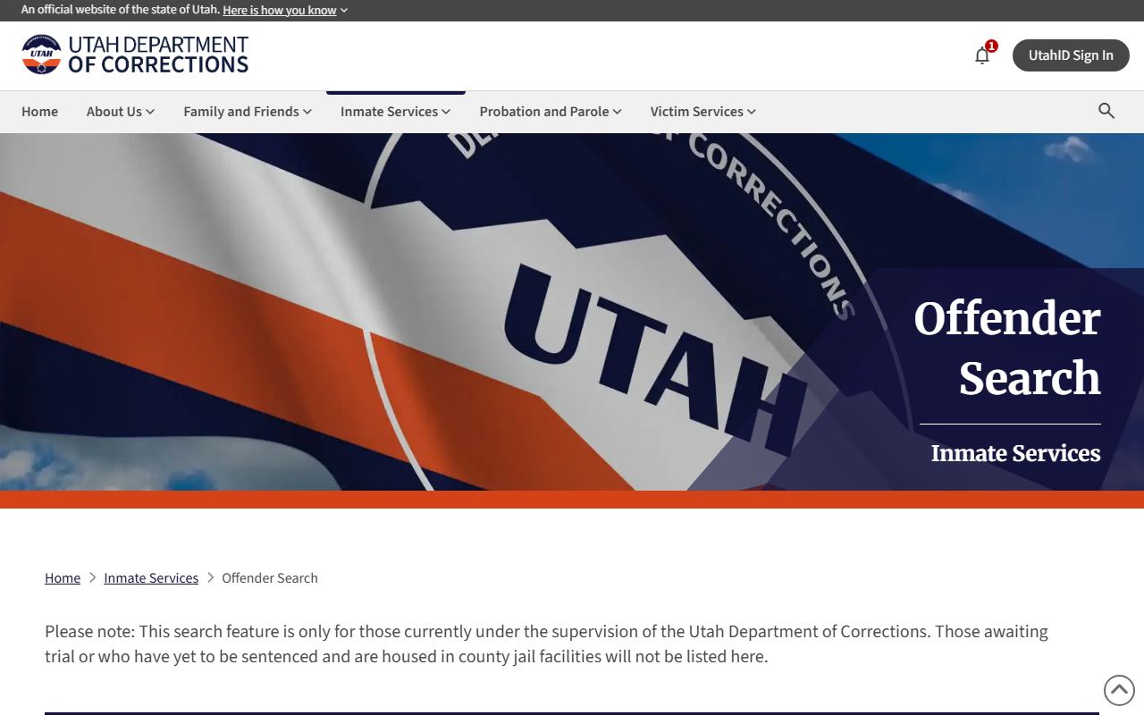 Utah DOC offender search fields for Emery County inmate records