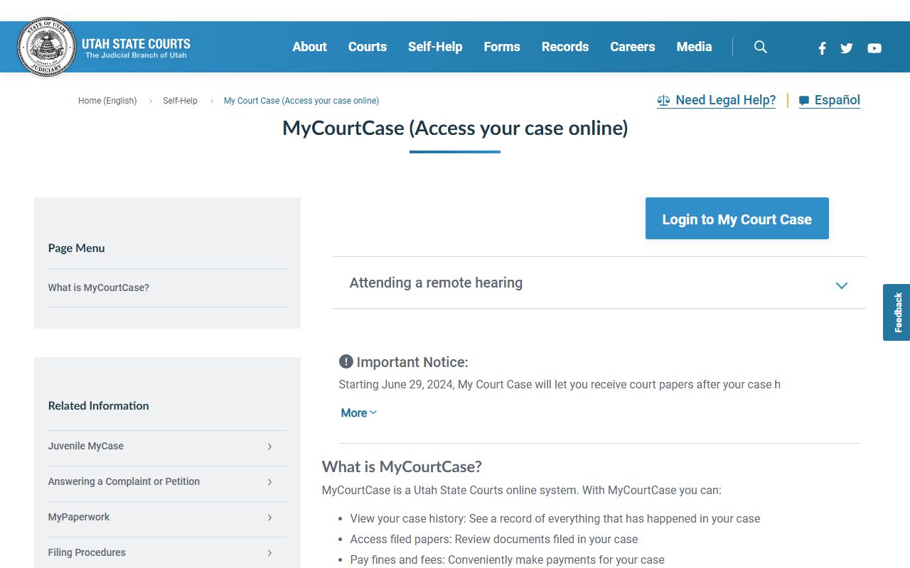 Utah MyCase access page for parties reviewing court case records